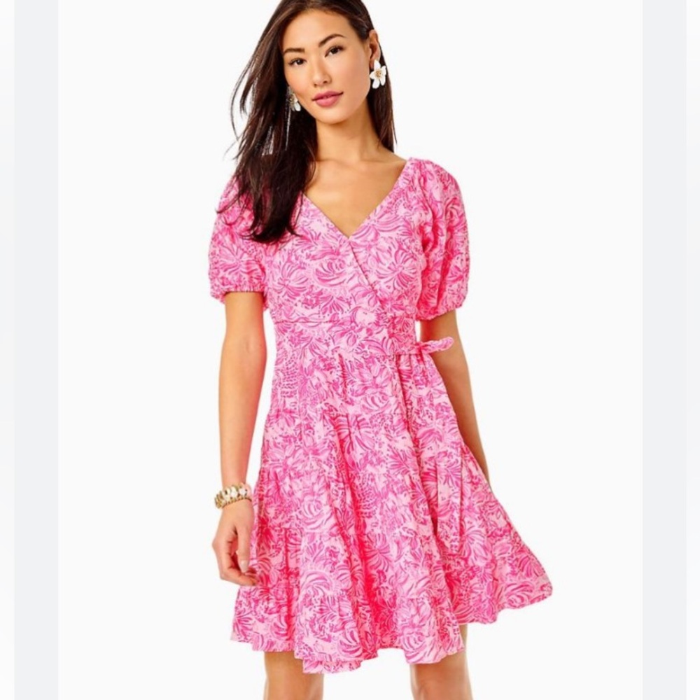 Lilly Pulitzer bright hot pink and white Iralee linen wrap dress